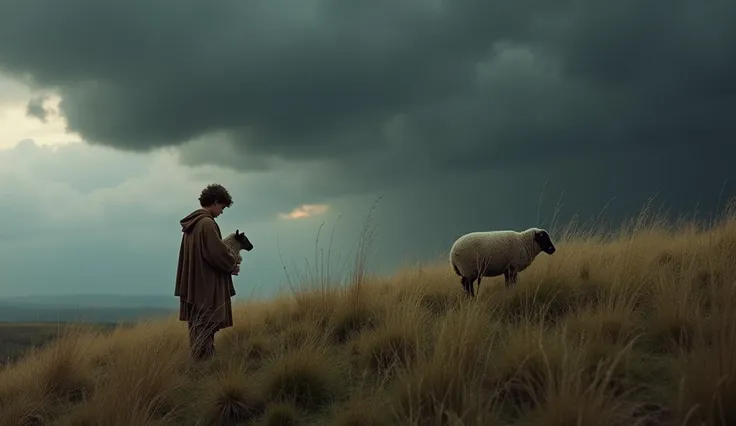 (masterpiece, best quality: 1.1), high resolution, (ultra detailed) on a grassy hill. young shepherd boy named jacob wearing brown farmer clothes is holding a sheep cub. dark clouds in the sky, heavy rain, evening