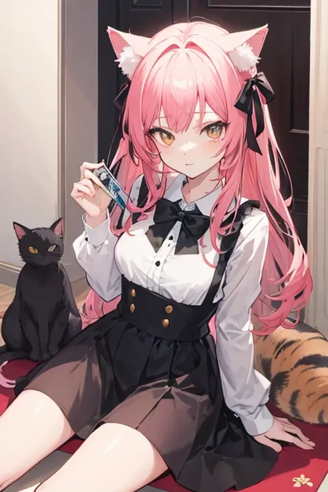 anime girl with cat ears and a bow tie holding a cat, Anime cat girlメイド服, hull body,anime girl with cat ears , とても美しいAnime cat girl, girl with cat ears , beautiful Anime cat girl, cute Anime cat girl, Anime game of , Anime cat girl, girls from Frontline , ...