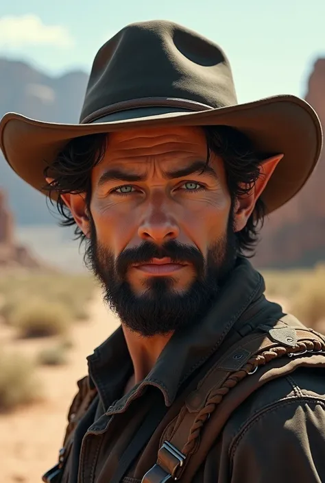 1man, portrait, in the western canyon, cowboy hat, short black hair, curly, beard, blue eyes, small elf ears, serious