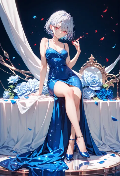 1girl, Alone,silver hair, red glowing eyes, short hair,  sharp facial features, porcelain skin,blue Camisole Dress,high heels,blue flower,Luxurious dress,Gorgeous Embroidery dress,marble,Fluttering Petals, high resolution, 