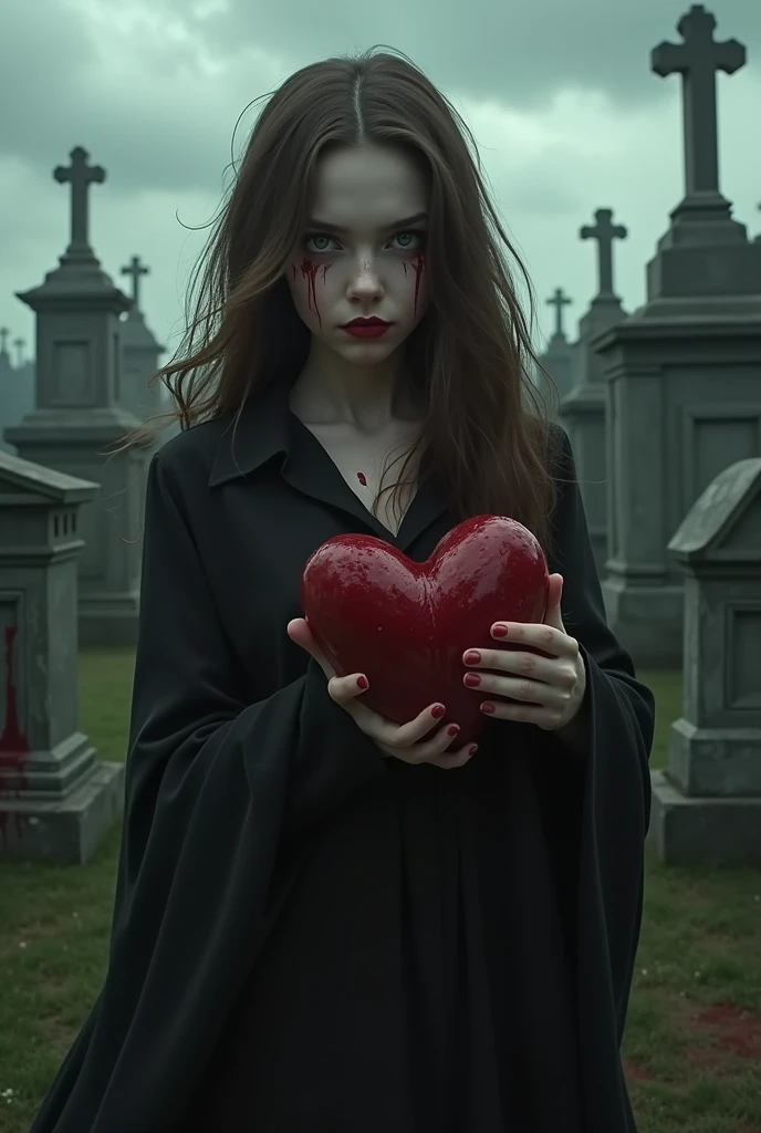  A young woman with brown hair and green eyes holding a human heart in her hand.  She is stained with blood and stares at the screen . A cloudy sky in the background .  She is wearing black clothes and is in the cemetery . 