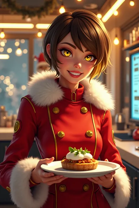 Create a bold and stylish depiction of Tori as a futuristic chef, celebrating Christmas with a culinary twist. Tori has short brown hair with blonde highlights and intense yellow eyes that radiate creativity and passion. She wears a sleek red chefs jacket ...