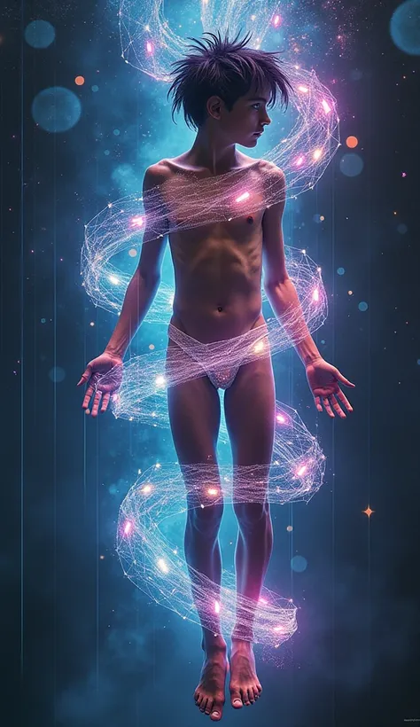 A full body image of a black Nepalese punk boy,  dark skin, fully nude , wearing messy colored hair ,punk style , standing entangled in an ethereal bioluminescent magical net that IS floating in the air around him. Fantasy, dream style.  Artistic nude,  re...