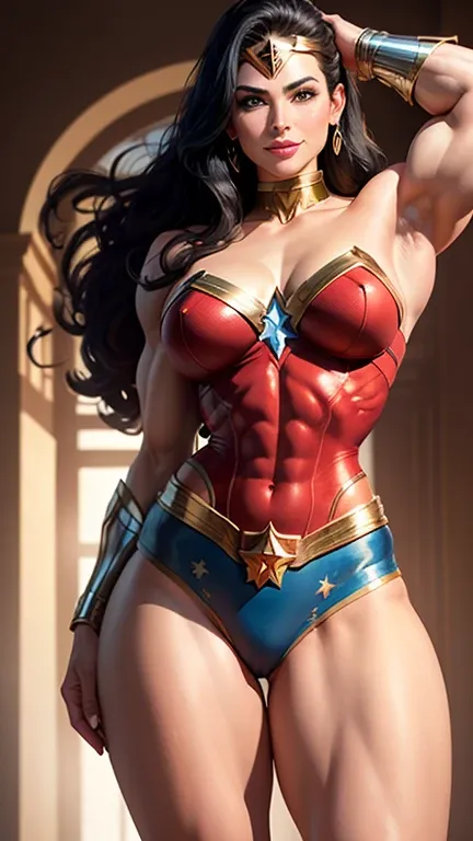 Omnipotent muscular Wonder Woman, huge and super strong biceps, big breasts, hourglass body, small waist and wide hips, long legs. Very beautiful and sexy smiling. No background or one color.