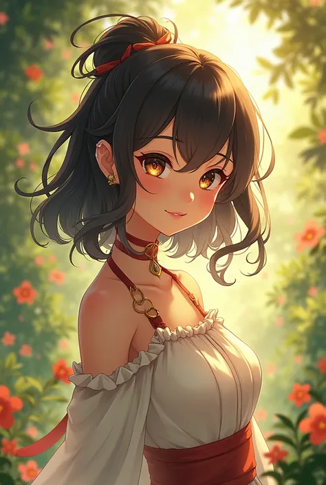 An adult, round, dark eyes, medium wavy hair, dark brown, almost black.,  brown skin and a slightly shorter stature; She wears a delicate and light style dress and has an anemo vision . Estilo anime genshin impact.