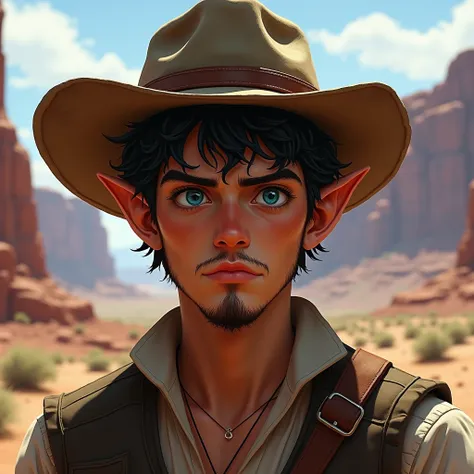 1man, young man, portrait, in the western canyon, cowboy hat, short black hair, curly, beard, blue eyes, small elf ears, serious