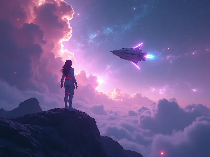 "Create a cosmic, ethereal scene inspired by the theme Beyond the Stars. The visual should depict a vast galaxy filled with vibrant nebulae in shades of purple, blue, and pink, creating a dreamlike and dramatic atmosphere. A futuristic spacecraft, sleek an...