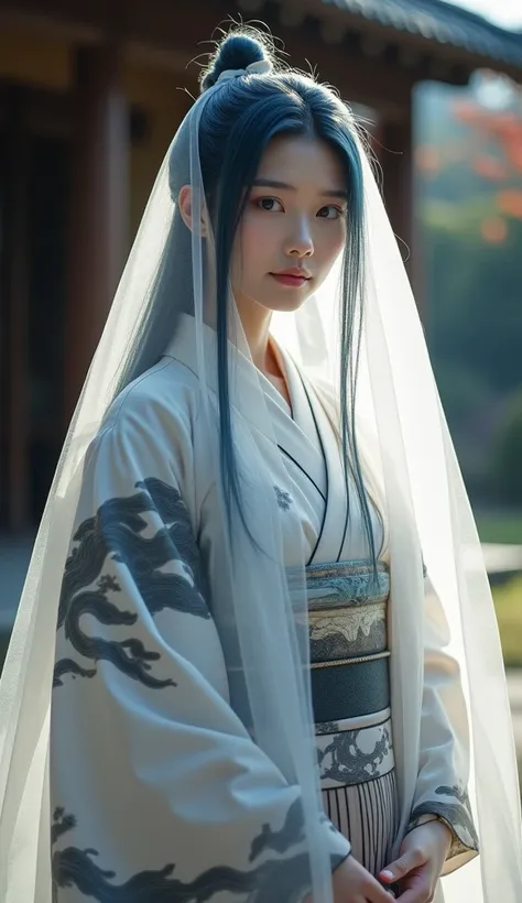  She only takes up a quarter of the picture，Wearing a long dress ，It looks like a mixture of traditional Japanese kimono and Chinese Hanfu， with black and white clouds on it .  Her hair is fixed with a traditional Japanese hairpin , Covering most of her fa...