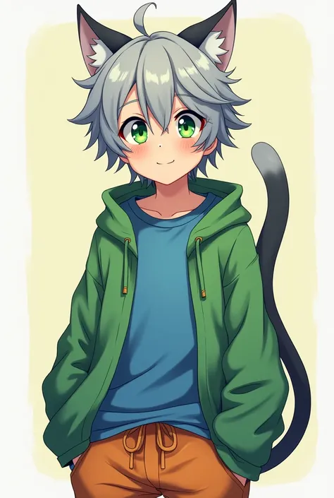  Create a 15-year-old anime-style man with gray cat ears and tail, orange pants, Green Cotton Kangaroo Cata Poleron,  green eyes, blue t-shirt,  happy face, messy gray hair 