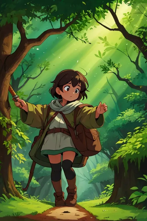 a girl  Traveling in a forest During the journey, many obstacles were encountered.