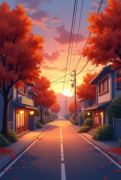  An ordinary urban village ,  without a single person on the street ,  autumn and an empty asvalidated road,  the road markings are white . 
 From the left, the alley and the cafe , there are trees .  From the right to enter houses .  The season is very , ...