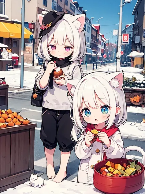 Myopia , (narrow open eyes) , Pouty lips , Frown , masutepiece、Snowy city、Two girls anthropomorphizing kittens、 body type、Chibi、Cat ears and tail、Eat baked sweet potatoes ,Happy look