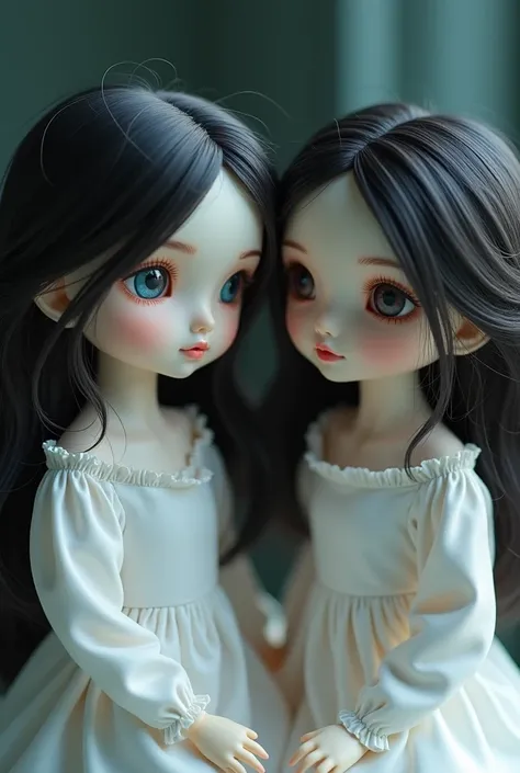 Two porcelain dolls
Dark hair
With heterochromatic eyes