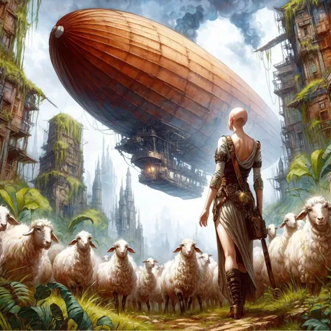 a bald woman standing in front of a herd of sheep, looking at an airship in steampunk style, steampunk airship, airships, airship, steampunk zeppelin, epic fantasy sci fi illustration, digital steampunk art, large dieselpunk flying airships, high quality s...