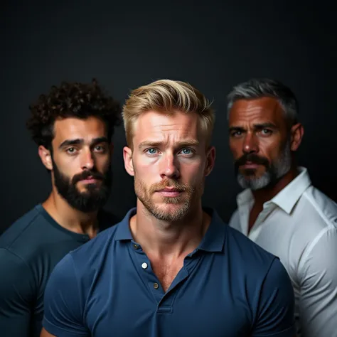 group studio portrait of three men of different appearance types. The first guy is standing in the center, has blue eyes, blond hair and a brutal Scandinavian type, athletic build, dressed in a blue shirt. The second man is standing to the left behind the ...