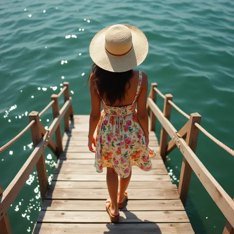 High angle, Long shot of a latin teenage girl on a wharf, in summer. Wearing a straw hat, a floreal sundress, platform clog sandals. Detailed feet. Photorealism