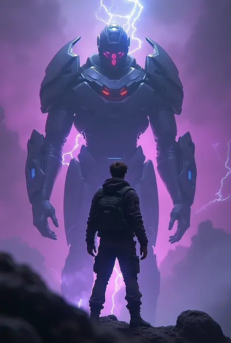 Create a photo of Ethan in front of Project Blood Striker with the background in purple and blue dregase