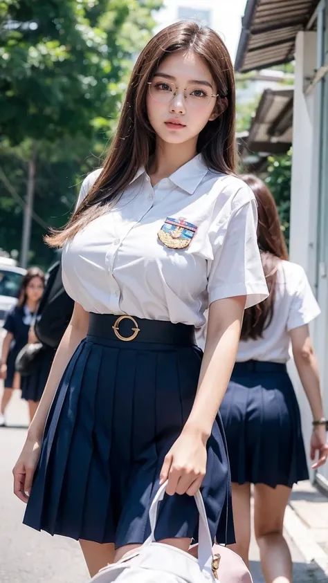 A group of 18 year old women ,  Masterpiece:1.4,  long brown hair, Very big boobs high_resolution Realistic photograph of a beautiful thai girl in uniform, white shirt short sleeve, navy blue pleated skirt, wear round eyeglasses, soft smile, walking in the...