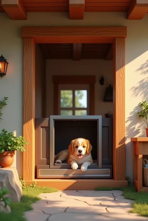  it generates an image of a house with its iron-based pet door , On the brown ceiling ,  on the sides the same and inside something soft for the animal to sleep brown