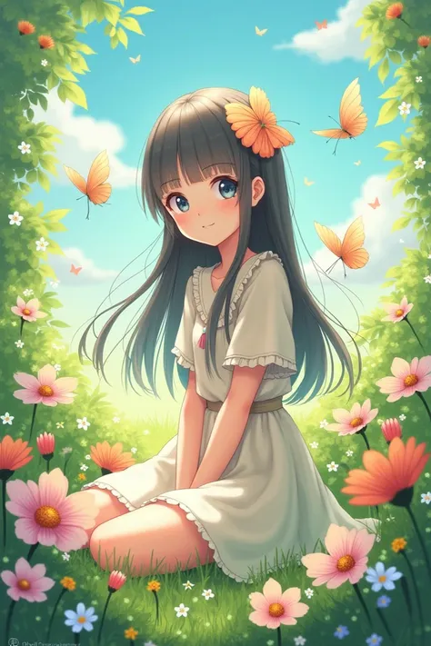 Design that suits a  girl. Image in anime style, with the presence of flowers and birds.