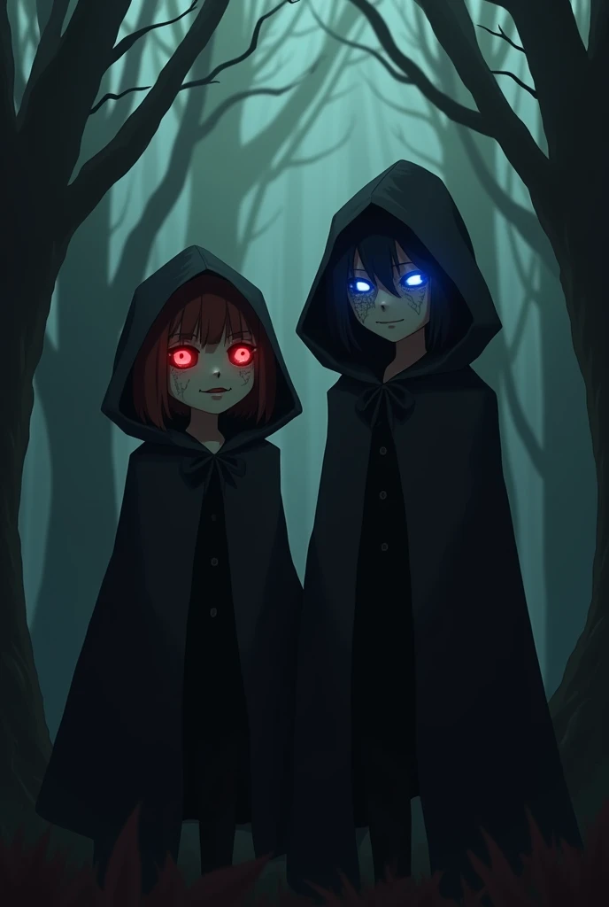  chara and frisk from the undertail  ,  in black capes by the forest  ,  the spells left eye is red and the right eye is scarred , Frisks eyes are blue 
