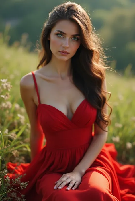 Sweet dreams Girl with red,Full Dress,Big Breasts, sitting on the Hill, taking realistic photo,No Bra, phoenix model, brown hair, white skin, Blue eyes 