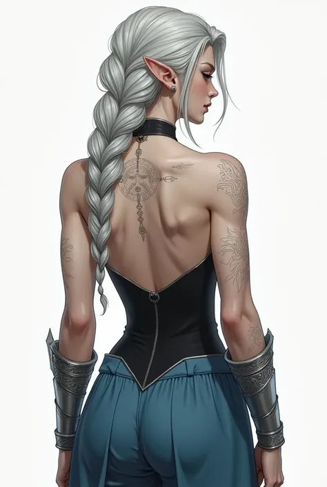 Half-Elf , short ears , medium height ,  muscles in the arms and torso, severe appearance,  very long silver hair with ruffled ends normally tied in a thick braid,   pale skin with white tattoos in the shape of fine lines adorning the arms ,legs and neck l...