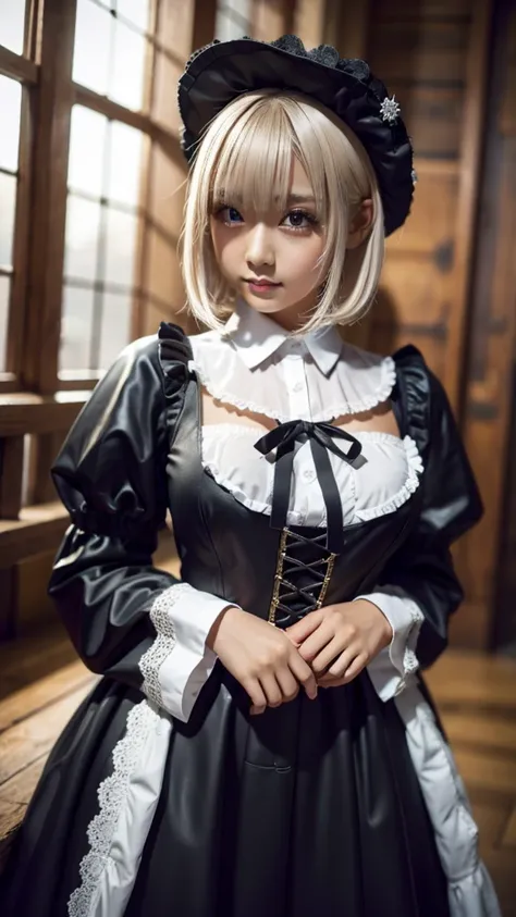 ( bob cut hair,  platinum blonde:1.2),(Wearing black gothic lolita clothes:1.2), 1 girl, Japanese ,18 years old, Big Breasts :1.3),( top quality,  Masterpiece  :1.3, Ultra A High Resolution,),( ultra detail, caustics ),( photorealistic:1.4,RAW shooting,)Ul...