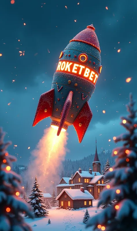 A futuristic rocket decorated with Christmas and New Year themes, flying through a snowy night sky. The rocket is covered with festive lights, ornaments, and candy cane patterns. On the side of the rocket, the word ROKETBET is clearly written in bold and g...