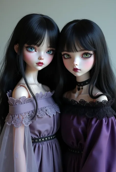 Uses: porcelain dolls
Dark hair
Both with heterochromatic eyes
Subtly darker clothing with purple