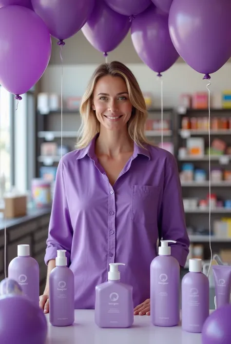 woman in a purple shirt with a table with purple balloons and personal care products that say Korper in a supermarket