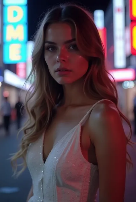 The image is a portrait of a young woman with long, wavy hair. She is wearing a white dress with a sparkly pattern and her hair is styled in loose waves. The woman is looking directly at the camera with a serious expression on her face. The background is b...