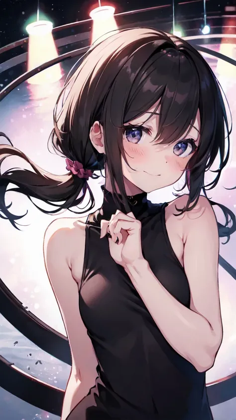 1girl,  small breasts,sleeveless dressface,close-up,raise your hand,I can see the side
black hair,black eyes, blush, nose blush, embarrassed, face forward,best quality,
happiness,happy, smiles, happiness/joy, 