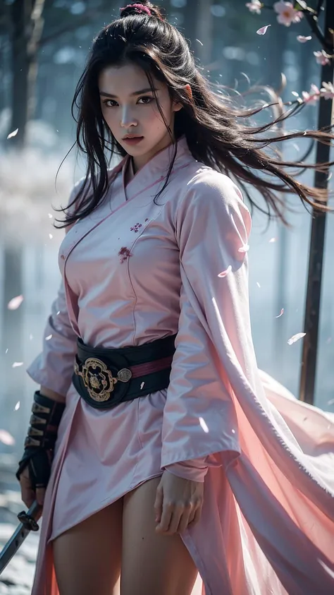 A sexy female character wearing pink armor as a warrior from the Sengoku period、((fluffy bob cut hair))、((onyx black hair))、((toned body))、(glistening skin)、 toned body、((mega breasts 1.8))、 plump breasts 、 plump thighs 、 The pink armor with the camellia p...