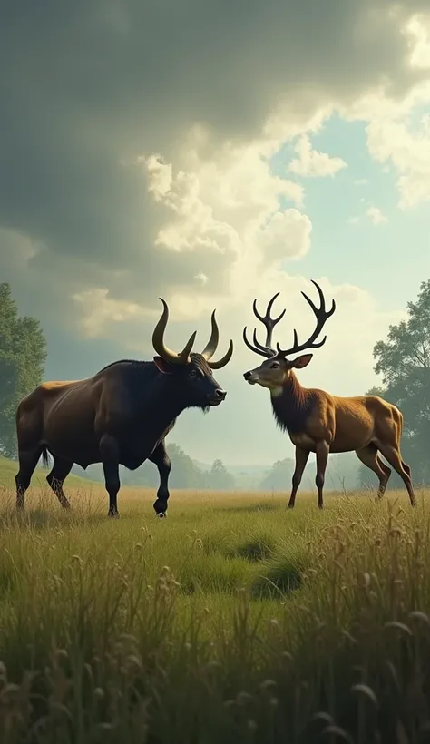 A grassy meadow where a bull and a deer face off, each standing firm and resolute. The bull, muscular and imposing, lowers its head slightly, displaying its curved horns, while the deer stands tall, its antlers raised in a defensive posture. The background...