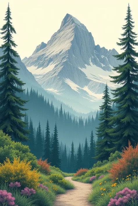  Minimalist colored pencil illustration of An illustration showing a large mountain surrounded by trees and dense vegetation,  located in a mountainous environment .  The drawing is detailed ,  with fine lines that highlight the natural landscape .  The mo...