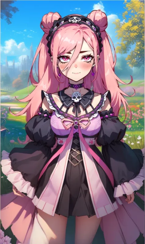 anime girl with pink hair and pink eyes in a field, portrait of magical girl, wearing no underwearofficial character art, [[[[grinning evily]]]], kawaii realistic portrait, portrait of lolita, shadowverse style, official character illustration, official ar...