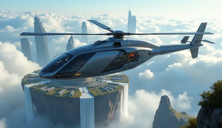 "Futuristic helicopter with a unique geometric design, hovering over a floating island city with waterfalls cascading into the sky."