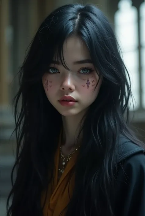 An attractive girl, black hair, long hair, wolfcut hairstyle, sleepy eyes, grey eyes, emotionless expression, scar on eyes in Hogwarts Gryffindor robes, sharp features, sharp jawline, Hogwarts background, no freckles, greek nose, narrowed eyes, sharp eye...