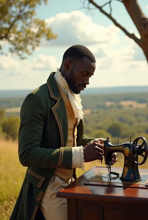 African Man dressed well in the 1700-1800 British style on a sewing machine under the sun in a wide beautiful scenery placed
 at the corner of the frame