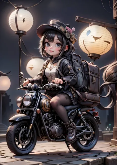 nkle strap pumps, hosiery, a cute girl with a travelers backpack riding a steampunk vehicle at the night, lanterns lighting the steampunk fantasy city, 