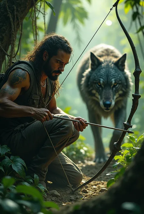 In the depths of a dense, humid jungle, a skilled hunter lies in wait, cloaked in the natural shadows of towering trees and dense foliage. His weathered face, streaked with dirt and sweat, reveals a mix of focus and tension as he grips a finely crafted bow...