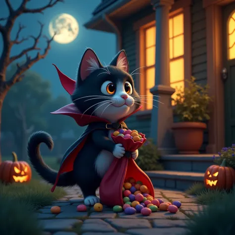 "An animated black-and-white cat dressed as a vampire stands on the doorstep of a warmly lit house at night. The cat wears a small black cape with red lining and holds a large red bag overflowing with colorful candies, with some spilled on the ground. The ...