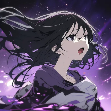  A skinny anime girl, long black hair ,  black eyes , beautiful, yawning,  black and purple style 