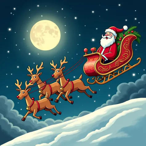 cartoon style, Santas sleigh flying in the   sky, with moon at the background, dont    include santa, just the reindeers