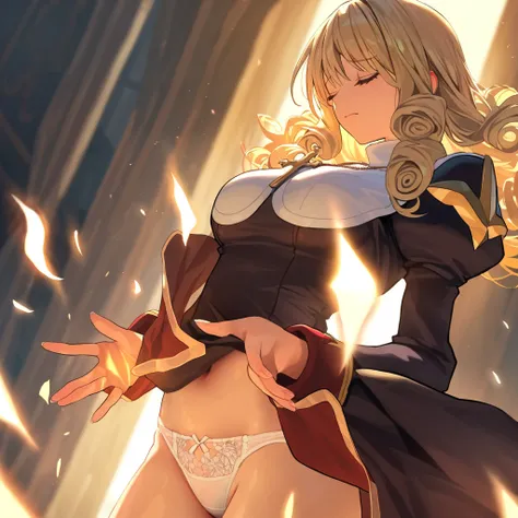 anime girl, priest, Ragnarok online, blonde medium curly hair, masterpiece, best quality, perfect lighting, closed eyes, calm expression, spell, healing, wind blows, white laced panties, standing, lean back