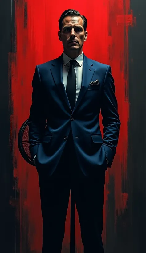 A noir style image of a man seen from the front dressed in a deep blue suit in front of a fan, in a dark and introspective environment. The background is abstract with red brushstrokes and dark tones of black and gray, creating a dramatic and mysterious at...