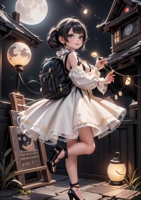 A whimsical scene unfolds as a stylish young woman stands poised, ankle strap pumps accentuating her confident stride. She wears lacy hosiery, a perfect complement to her adventurous spirit, as she gazes longingly towards the horizon where flying lanterns ...