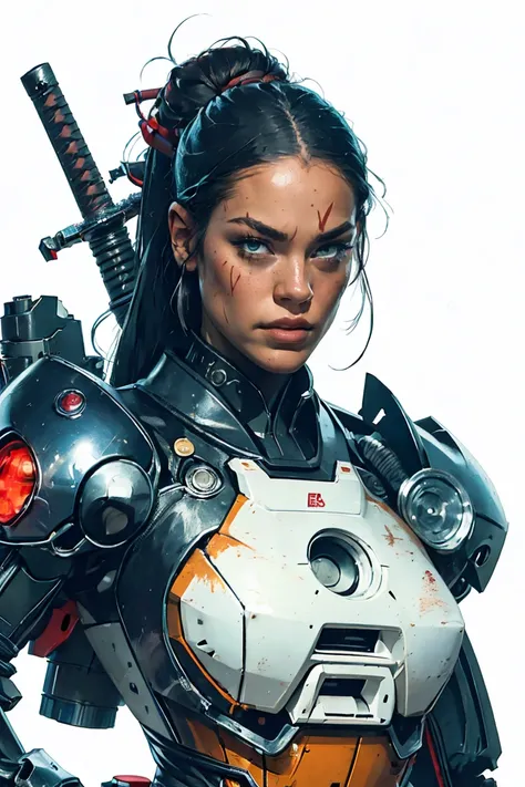 Otomo Katsuhiro-inspired art depicting a cyborg female in a landfill, cloaked in tattered black, exposes a red eye, grips a katana, her robot body marked by scars and punctures, half of her face revealing android architecture, hyperpunk ambiance weaved wit...