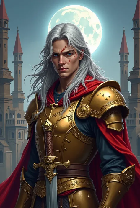 Create a hero character ,  with long silver hair , FAIR SKIN AND BLUE EYES,  wearing gold armor with red accents .  Add a background of a medieval city with tall towers and a full moon in the background .  The character must have a scar on his face and be ...